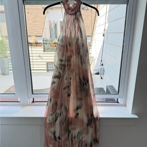 Maeve Pink, White and Gray Abstract Halter Maxi Dress